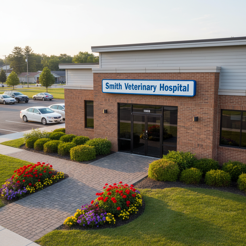 A welcoming exterior view of Smith Veterinary Hospital in Berne, IN, showing a brick-and-siding building with a clean, modern facade and a clearly visible sign reading “Smith Veterinary Hospital.” A landscaped entrance with neatly trimmed shrubs, colorful seasonal flowers, and a paved walkway leads up to glass double doors. Late afternoon natural light gives the scene a warm, golden glow, highlighting textures in the brick and greenery and casting soft, inviting shadows. Several parked cars and a well-maintained lawn suggest a thriving, community-focused clinic. Captured in photographic realism from a slightly elevated angle with sharp focus throughout, the composition conveys a small-town, approachable atmosphere paired with professional medical care, with no people present anywhere in the frame.