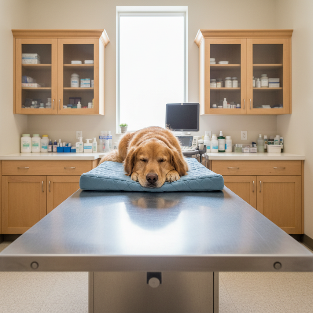 A calm, well-lit veterinary exam room featuring a sleek stainless-steel exam table with a soft blue, quilted pad, and a relaxed golden retriever lying comfortably on it. Cabinets of light maple wood line the back wall, with neatly organized medical supplies and an ultrasound machine subtly visible. Soft, diffused daylight enters through a high window, creating gentle reflections on the metal surfaces and casting minimal shadows. The atmosphere feels reassuring and small-town friendly, yet distinctly modern and professional. Shot at eye level in photographic realism with a moderate depth of field so the dog and table are in sharp focus while the background softly blurs, emphasizing compassionate, state-of-the-art care without showing any people.
