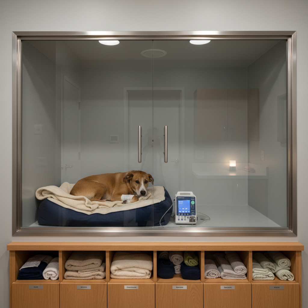 A serene, photographic realistic recovery room at Smith Veterinary Hospital featuring a large, clean kennel with glass front panels and brushed metal frames. Inside, a resting mixed-breed dog is curled on a thick, navy-blue orthopedic bed, with a soft fleece blanket partially draped over it and a lightweight bandage on one leg, suggesting recent surgery. A small infusion pump sits outside the kennel, its screen softly glowing. Warm, indirect overhead lighting and a tiny nightlight create a gentle, comforting ambiance, with reflections shimmering on the glass. The walls are painted a soothing light gray-blue, and neatly labeled cubbies hold extra bedding and supplies. Shot at eye level with moderate depth of field, the focus is on the recovering dog and kennel, conveying compassionate, attentive post-operative care in a modern yet homey environment.