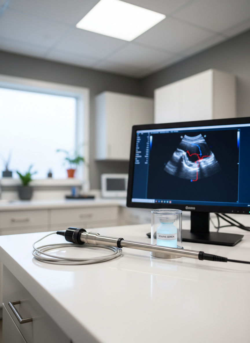 A close-up, photographic realistic view of a veterinary reproductive medicine setup for a transcervical insemination procedure. On a clean, white countertop rests a specialized endoscope with a slim, polished metal shaft and fiber-optic cable, next to a small, labeled vial in a frosted holder and a digital monitor displaying a crisp, medical image on a dark background. Subtle reflections glisten on the stainless-steel and glass components. The room is softly lit by overhead clinical lighting and a bit of diffused daylight from a nearby frosted window, creating a bright, hygienic atmosphere without harsh shadows. Captured at table height with a shallow depth of field, the instruments are in sharp focus while the background cabinetry and discreet equipment gently blur, conveying cutting-edge reproductive services in an intimate, small-town practice environment.