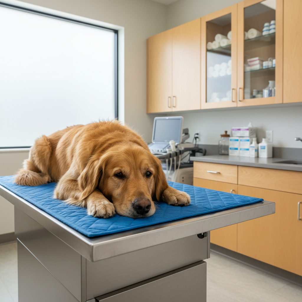 A calm, well-lit veterinary exam room featuring a sleek stainless-steel exam table with a soft blue, quilted pad, and a relaxed golden retriever lying comfortably on it. Cabinets of light maple wood line the back wall, with neatly organized medical supplies and an ultrasound machine subtly visible. Soft, diffused daylight enters through a high window, creating gentle reflections on the metal surfaces and casting minimal shadows. The atmosphere feels reassuring and small-town friendly, yet distinctly modern and professional. Shot at eye level in photographic realism with a moderate depth of field so the dog and table are in sharp focus while the background softly blurs, emphasizing compassionate, state-of-the-art care without showing any people.