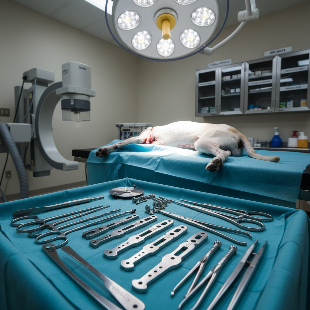 An action-focused, photographic realistic scene of a veterinary orthopedic procedure in progress, without any people visible. A medium-sized dog’s shaved hind leg is centered on a padded surgical table, with TPLO surgical tools carefully arranged on a steel tray nearby: gleaming bone plates, screws, and precision instruments laid out on a teal sterile drape. Overhead LED surgical lights cast bright, neutral-white illumination, creating crisp highlights on metal and subtle shadows that emphasize texture and form. The surrounding area includes a C-arm imaging device and organized cabinets with clearly labeled supplies, slightly out of focus. The composition uses a close, three-quarter angle with shallow depth of field to keep the limb and instruments sharp while the room gently blurs, projecting a mood of meticulous, advanced orthopedic care.