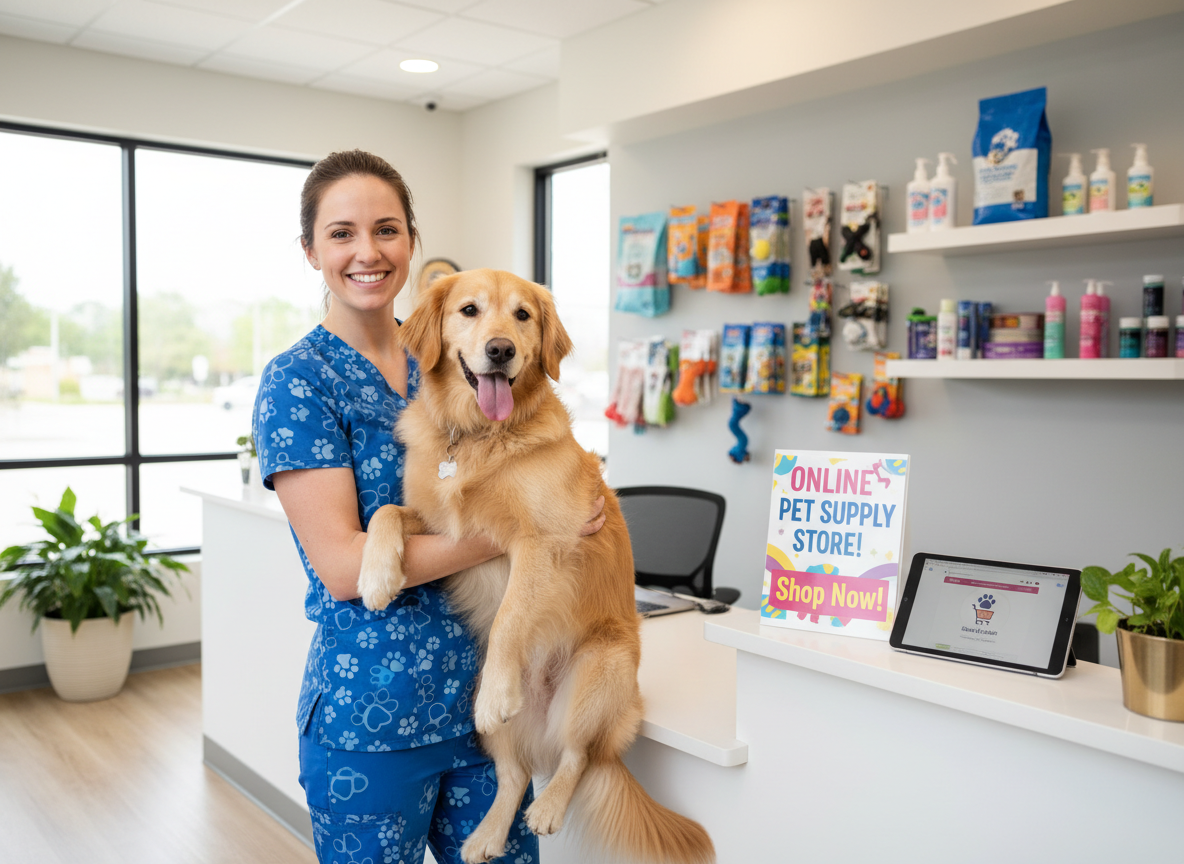 friendly veterinary team member holding a happy dog in a bright clinic, to promote the online store